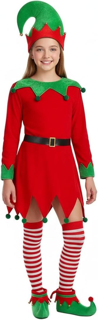 Syhood 5 Pcs Christmas Elf Costume Kids Girls Velvet Elf Costume Santa's Helper Outfit with Hat Shoes Belt Striped Stockings (Bright Color)