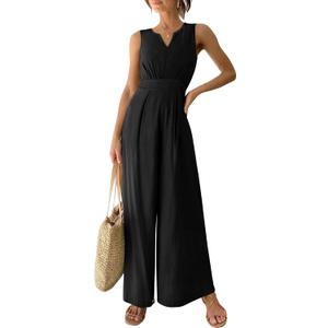 ANRABESS Jumpsuits for Women Summer Dressy Casual Linen Romper Sleeveless V Neck High Waist Wide Leg Beach Vacation Outfits (Black, M)
