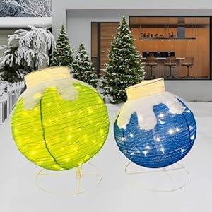 Light Up Pop-Up Christmas Ball Decorations, Plug and Play, 2-Piece Lighted Foldable Waterproof Safe Material Flocked Hanging Ball with Base Stakes/ Zip Ties for Indoor Outdoor Christmas Home Decor