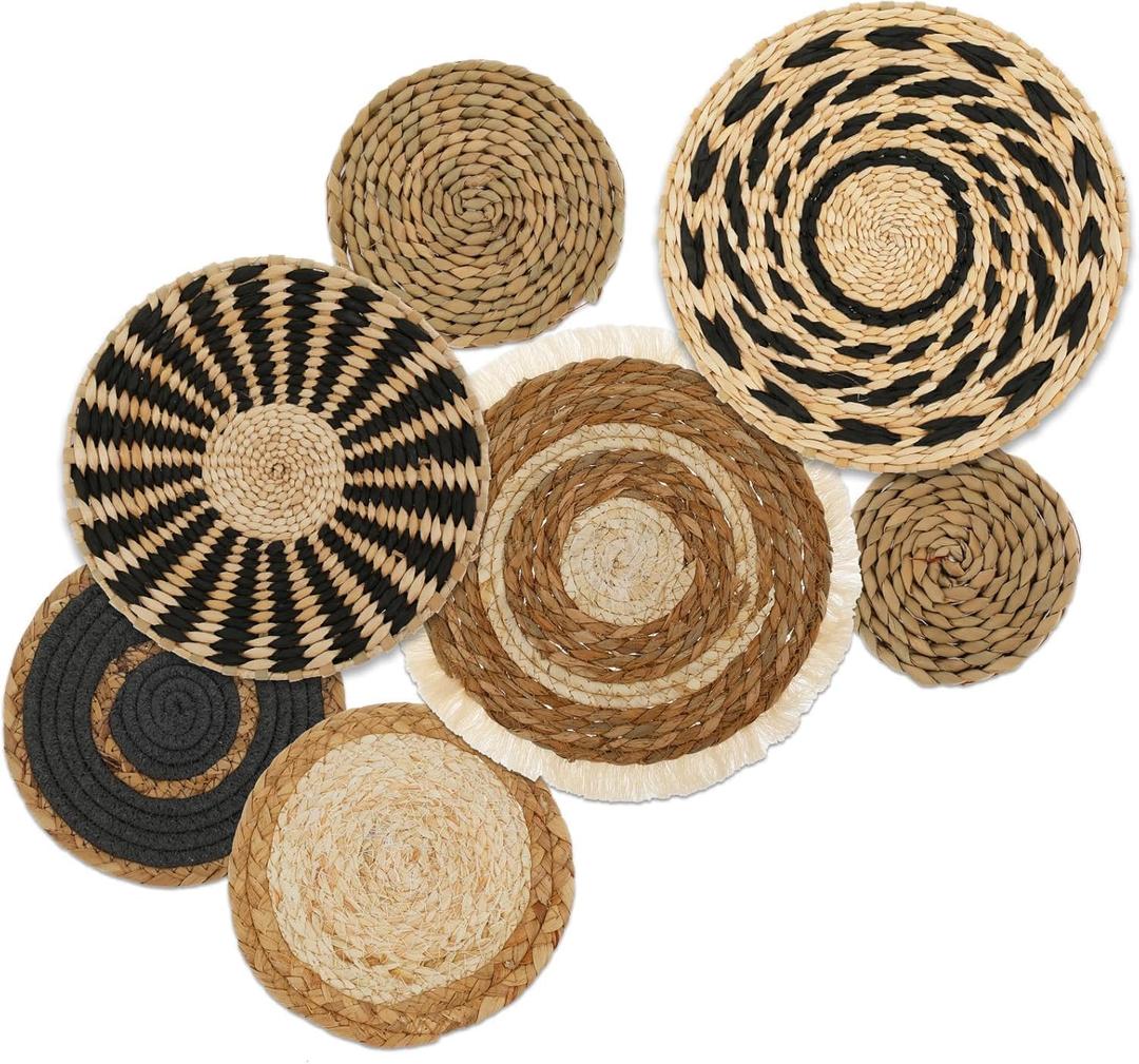 7 Pieces Bohemian Round Wall Baskets Wicker Rattan Wicker Wall Decor for Bedroom, Living Room (Style B)