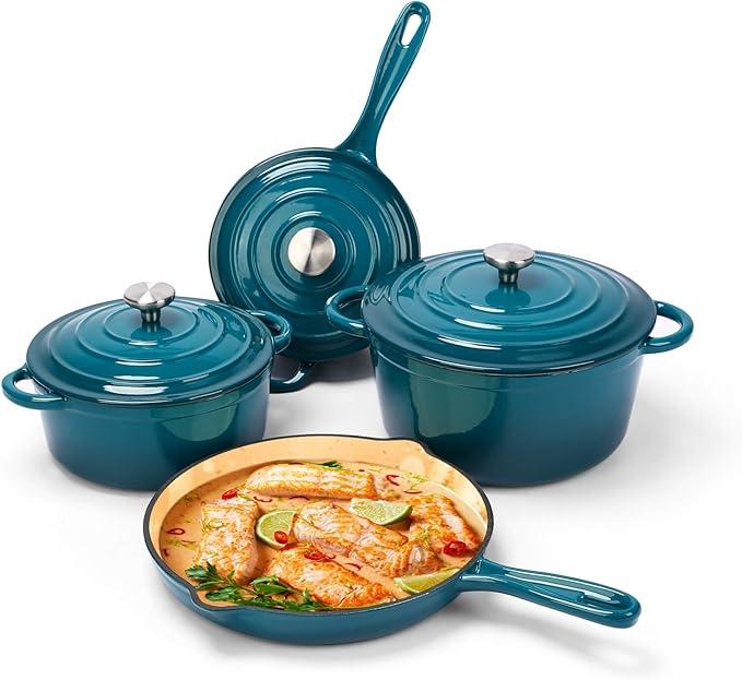 Hisencn Enameled Cast Iron Cookware Set, 7 Piece Set of Dutch Ovens, Sauce Pan, Skillet, 3 Lids, Dutch Oven Set, Ceramic Coated Cast Iron, Gas/Induction Compatible, PFA Free, Come with Organizer, Teal