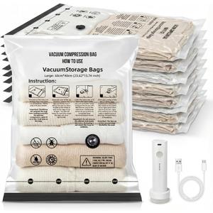 Vacuum Seal Bags for Clothing: 80% Compression with Rechargeable Pump - Holds 6 Summer Clothes per Bag - 9 Pack Vacuum Seal Bags for Travel - 7-Day Business Family Trips