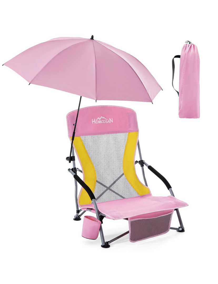 Homcosan Portable Low Folding Beach Chair with Detachable Umbrella - Lightweight Camping Chair for Adults with Cup Holder & Storage Pocket, Carry Bag Included (Pink)