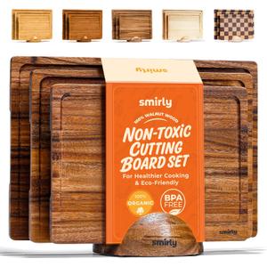 SMIRLY Walnut Wood Cutting Boards for Kitchen, Set of 3 with Holder Large - Small, Walnut Wooden Cutting Board Set with Deep Juice Grooves, Non Toxic Serving Tray, Perfect Mother's Day Gifts