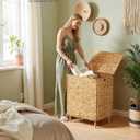 SONGMICS Laundry Hamper 2 Sections, 34.3 Gal. (130 L) Handwoven Water Hyacinth Wicker Laundry Basket with Lid, Natural Material, Removable Machine Washable Liners, Handles, Natural ULCB202Y01