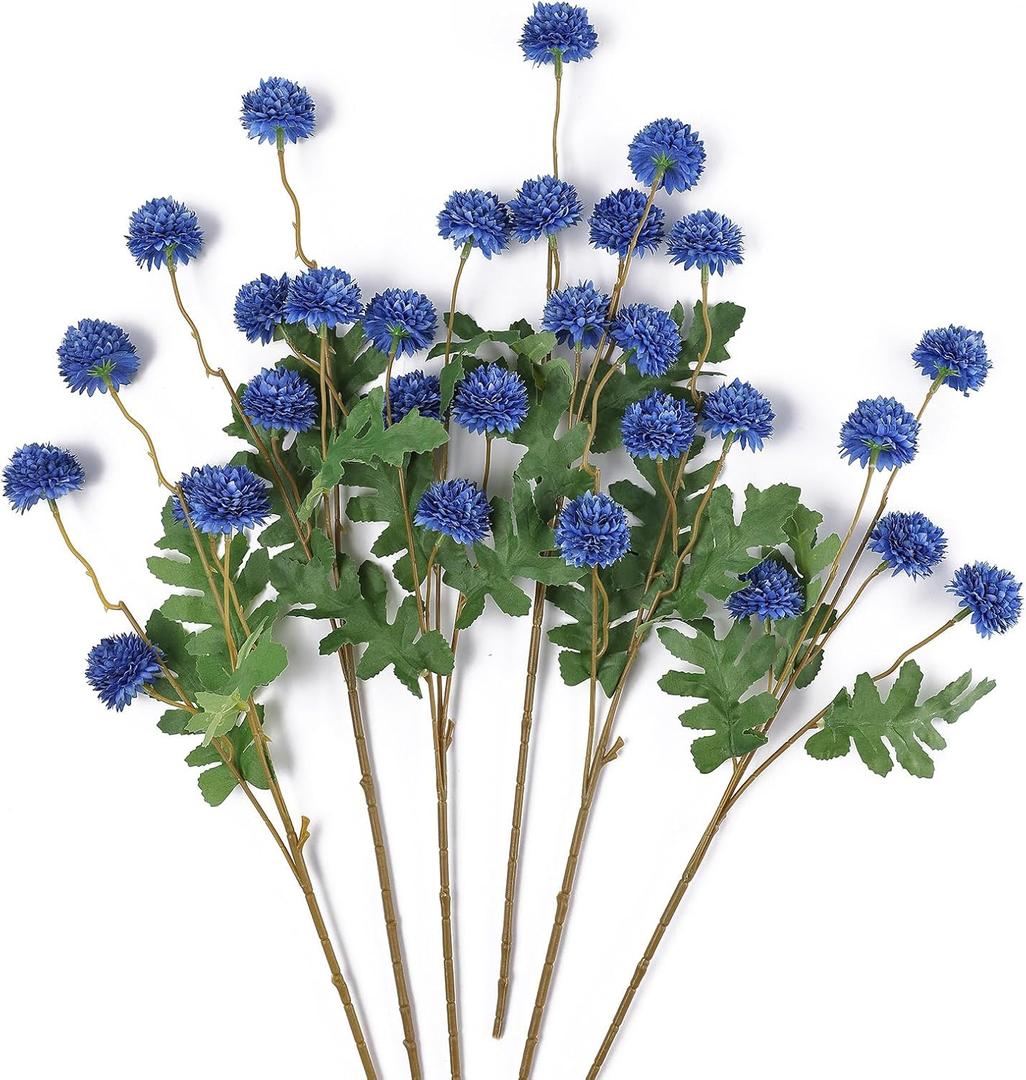 mizii 6Pcs Blue Fake Silk Pompon Mum Artificial Flowers Bulk Small Faux Chrysanthemums with Stems Realistic Floral Decorations for Wedding DIY Bouquet Centerpieces Shower Vase Home Decor (Royal Blue)