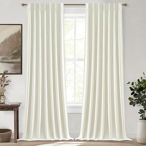 QJmydeco Custom Long 105 Inch Curtains Blackout for Living Room 2 Panels Set Pinch Pleated Noise Cancelling, Modern Cream White 105 Inch Linen Thermal Window Drapes for Winter 40" Wx105 Lx2