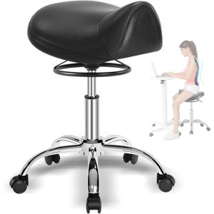 Saddle Stool with Wheels 300 lbs Weight Capacity, Heavy Duty Rolling Stool for Medical Massage Salon Kitchen Spa Drafting Nail-Tech,Height Adjustable,360 Swivel,Wide Thick Seat Padding (Black)