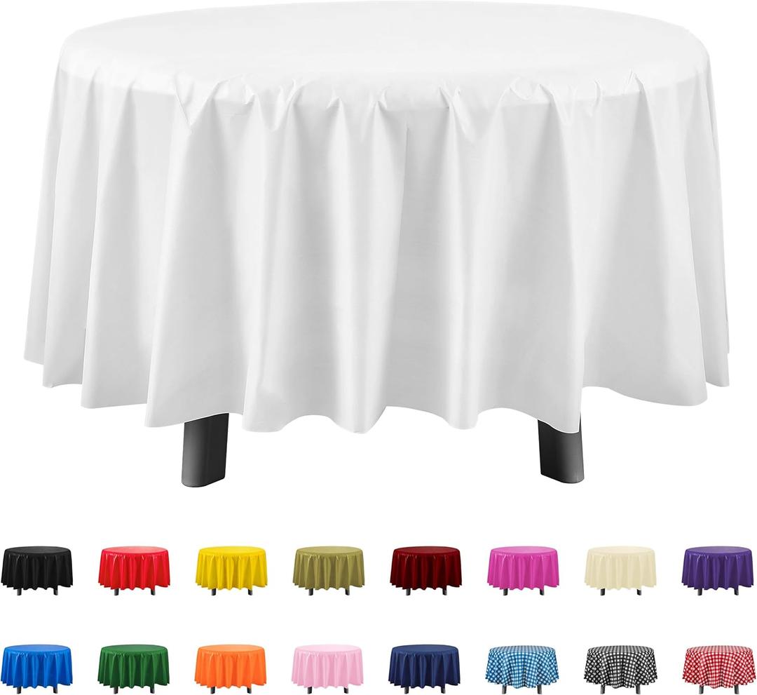 Eleclassi White Pack of 12 Premium Round Disposable Plastic Tablecloth - 84 Inch Round Plastic Table Cloth Disposable Tablecloth for Parties