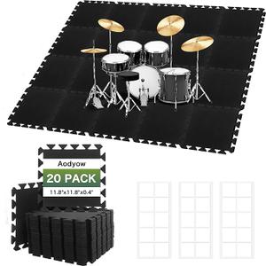 20 Pcs 11x 11 x 0.4 inches Sound Absorbing Interlocking Floor Mats, High Density NonSlip Anti Vibration Sound proof Pads Acoustic Blankets for Drum Set,Thick Piano Carpet Drum Rug for Music Studio