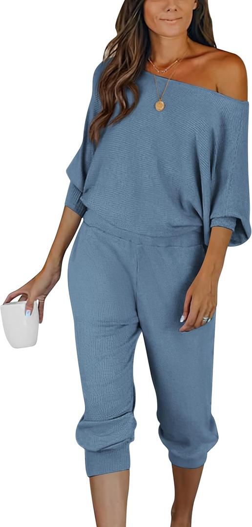 PRETTYGARDEN Two Piece Sets for Women Fall 2025 Ribbed Knit Off Shoulder Tops Lounge Pants Tracksuit Fashion Clothing (Medium, Light Blue)