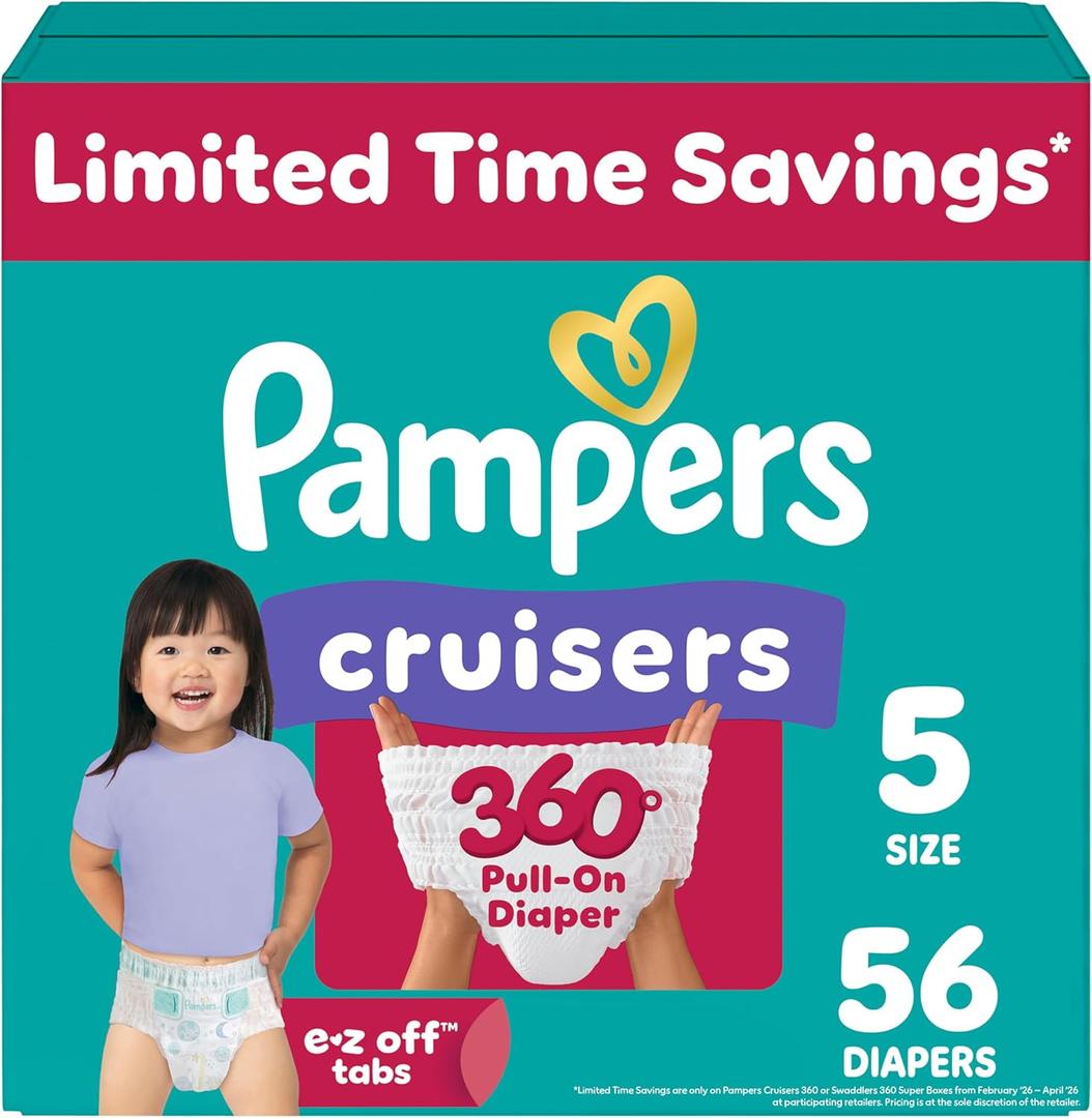 Pampers Diapers - Cruisers 360 - Size 5, 56 Count, Babyproof up to 100% Leakproof Pull-On Diaper