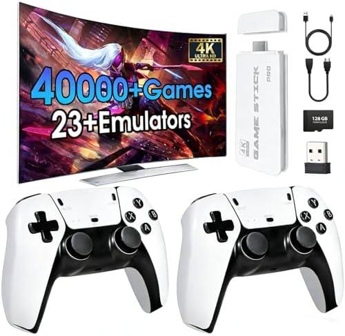 2026 New Wireless Retro Game Console, 23 Emulators and 40000+Games, with Dual 2.4G Wireless Controllers Plug and Play 4K HDMI TV Game Stick (128G) White