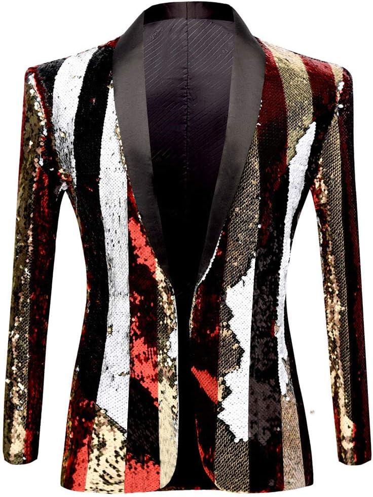 Mens Fashion Double-Side Color Red Gold Black White Plaid Sequins Blazer Suit Jacket, 3XL