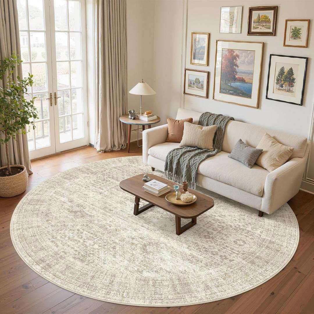 9x9 Beige Round Rug 9ft Living Room Circle Rug Vintage Round Area Rug Non Slip Indoor Carpet for Apartment