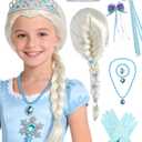 14 Pcs Set Long Blonde White Cosplay Wig Princess Braided Wig Blonde Pigtail Synthetic Wig for Halloween Costume Party +Wand+Crown+Necklace+Ring+Bracelet+Gloves+Hairpin+Clips + Wig Cap