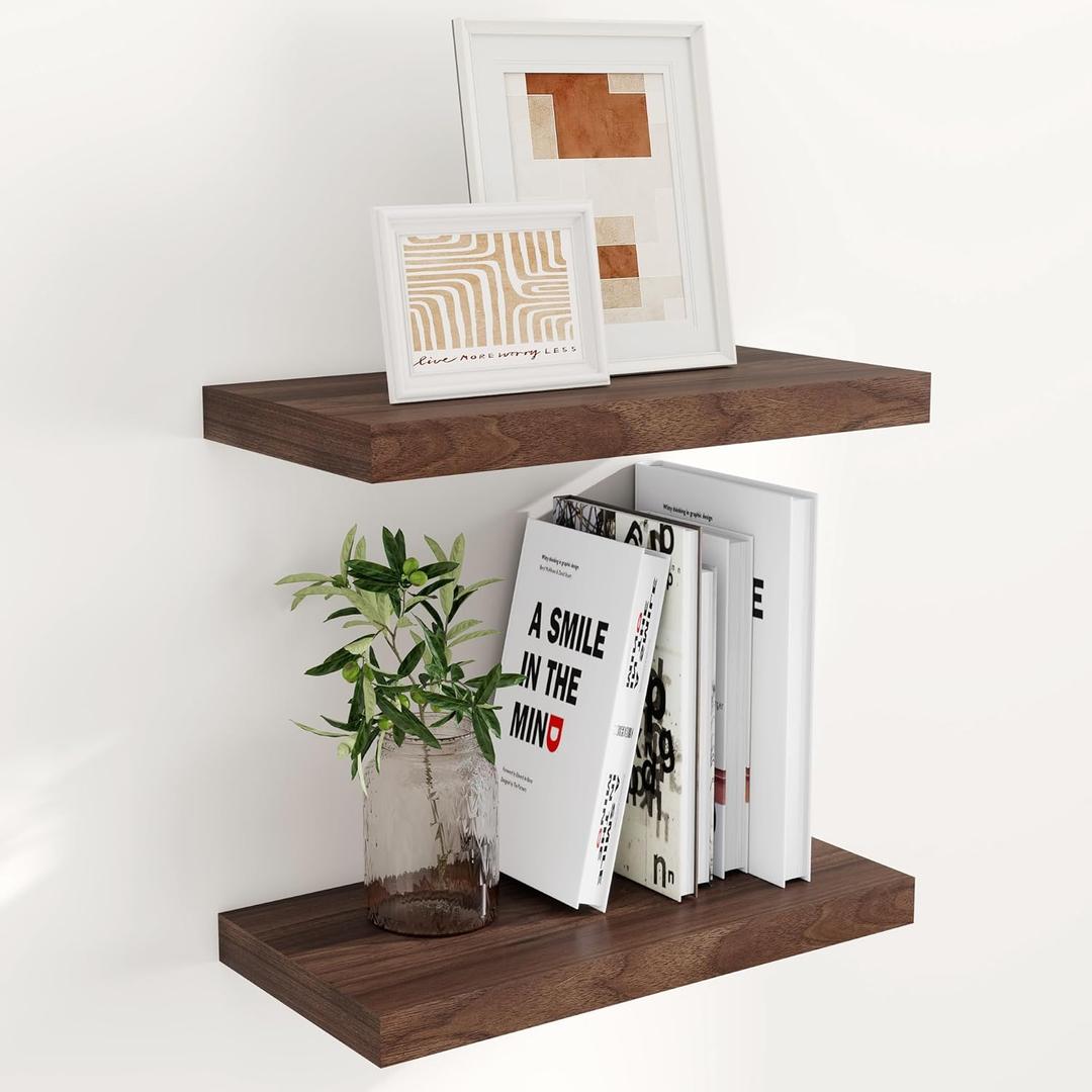 Floating Shelves 16"W x 9"D Set of 2, 9.3 Inch Deep Floating Shelf for Wall, Wall Mounted Bathroom Shelves, Wide Wall Shelves for Books, Rustic Floating Shelves for Living Room, Kitchen, Walnut Color (16"W x 9"D x 1.5"H, Set of 2)