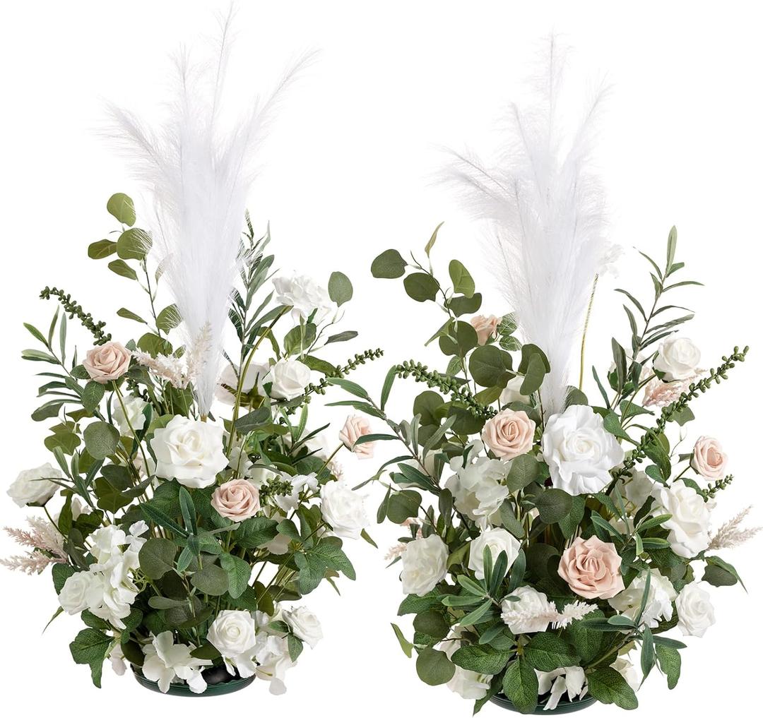 Ling's Moment 41" Tall Free Standing Artificial Flowers Arrangements 2 pcs, Wedding Arch Altar Stage Decorations White Sage for Spring Ceremony Reception Rose Fake Floral Party Outdoor Garden Decor