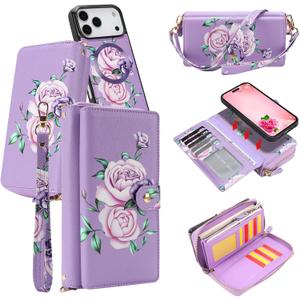 Compatible for iPhone 17 Phone Case Crossbody Wallet,Detachable Magnetic,Card Holder,Wrist Lanyard Strap,Zipper Wallet Case for Men Women,PurpleFlower