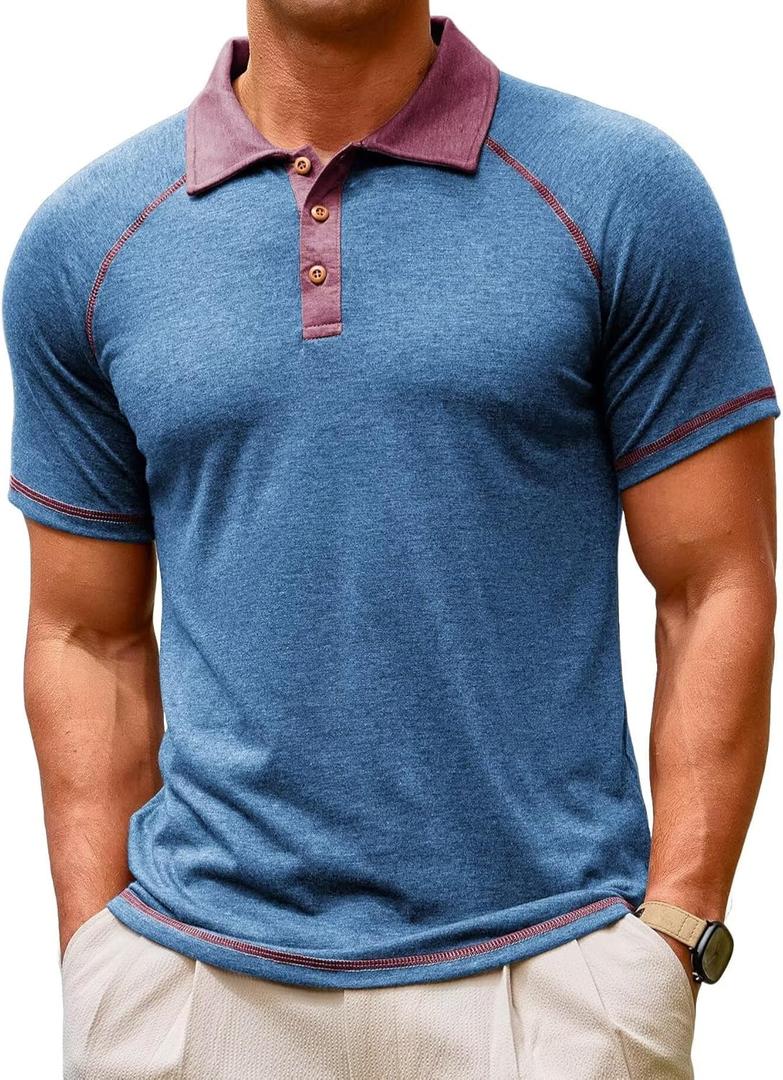 Lexiart Men's Casual Polo Shirt Short Sleeve Raglan Classic Button Golf Collared Tops Contrast Color (Blue, M)