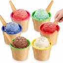 JoyServe Ice Cream Bowls and Spoons Set - (Pack of 6) Reusable Plastic Ice Cream Cups and Waffle Cone Shaped Spoons for Dessert, Frozen Yogurt, Gelato, Birthday Party Decorations
