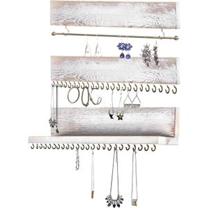 Hanging Jewelry Rack Set of 3, Wall-mounted Wooden Jewelry Storage Rack Shelf, Earrings, Necklaces, Bracelets Organizer Shelves Holder (White)