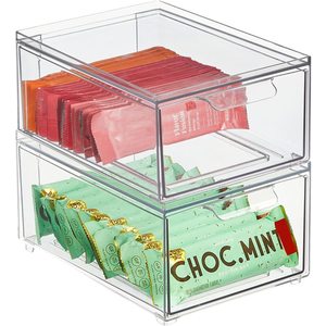 mDesign Stackable Storage Containers Box with Pull-Out Drawer - Stacking Plastic Drawers Bins for Kitchen Pantry and Cupboard, Cabinet, Counter, Island and Tables - Lumiere Collection - 2 Pack - Clear
