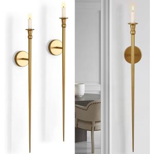 Gold Candle Sconces Set of 2, Retro Long Metal Candle Holders for Wall, Elegant Wall Decor for Living Room, Dining Room, Bathroom, and Office