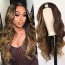 V Part Long Body Wavy Wig Synthetic V Shap Wigs for Black Women Full Head Clip In Hair Glueless Synthetic Wigs Highlight Blonde (Brown With Blonde)