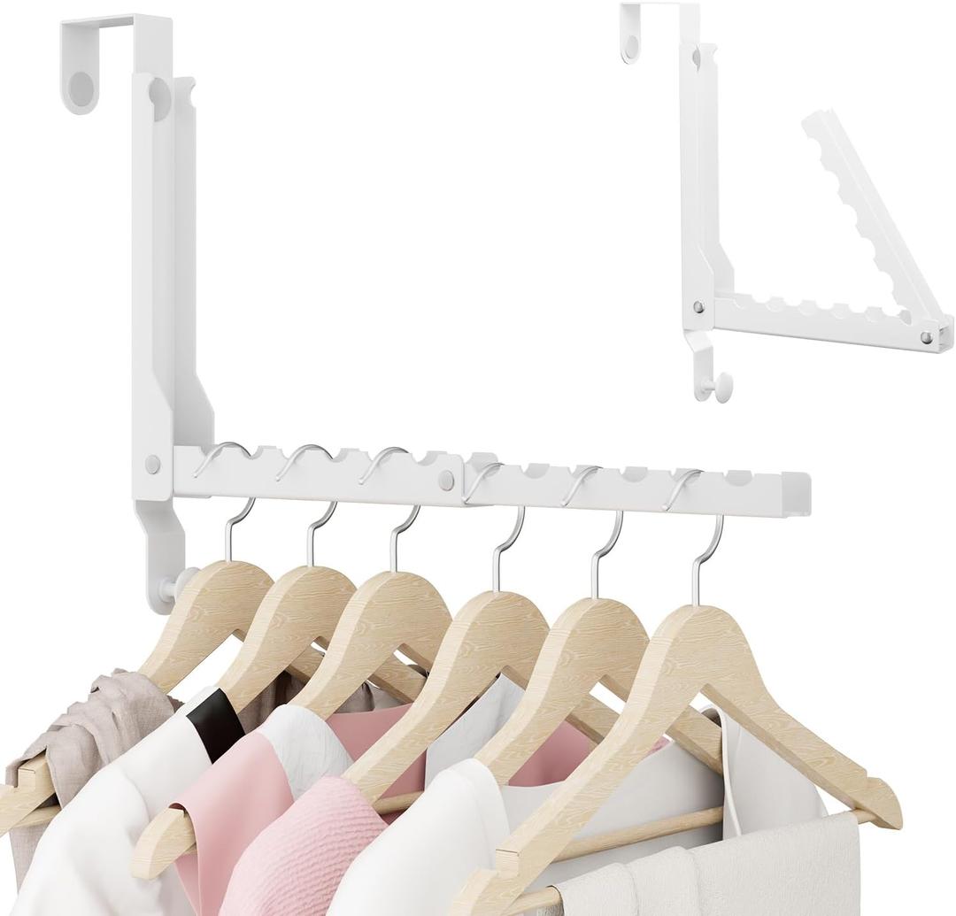 BAKON Over The Door Hangers, Over Door Hooks for Hanging, Small Space Dual Folding Portable Over Door Clothes Hanger for Clothes, Hats, Bags and Towels (White)