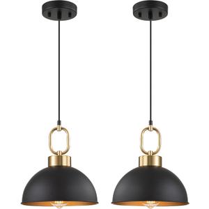 2 Pack Black Pendant Lights Kitchen Island, 10'' Farmhouse Industrial Pendant Light Fixtures, Adjustable Height Modern Dome Hanging Light for Kitchen Dining Room Entryway Bar, 10.2'' 2 Pack