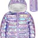 Lovekider Winter Coat for Girls Puffer Jacket, Size 6 7 Kids, Metallic Shine Hooded Outwear for Outdoor and Indoor Purple