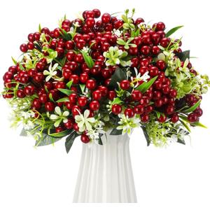 Suncalla 10pcs Christmas Artificial Red Berry Stems Ornaments Fake Holly Berries for Christmas Tree Decorate DIY Wreath Vase Fireplace Decorations
