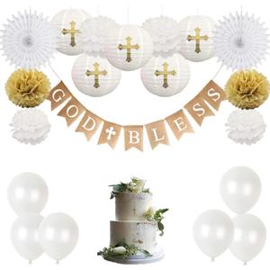 CHRORINE First Communion Banner Kit, Baptism Decorations for Boys Girls, First Communion Confirmation Decorations,God Bless Banner and White Decorations - White Set