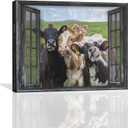exroozy Rustic Cow Wall Art Funny Cows Window Pictures Wall Decor Farmhouse Cow Canvas Painting Print Modern Artwork Country Room Decor Framed Ready to Hang for Living Room Bathroom Office 20"x16"