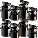 8 Pack Ceramic Kitchen Canisters Set with Wooden Spoon Black Canister Sets for Kitchen Counter Airtight Food Storage Container for Coffee Tea Sugar Flour Snacks Farmhouse Kitchen Decorative