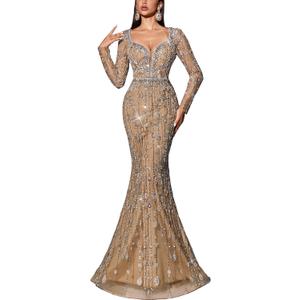Women's V-Neck Sequin Beaded Mermaid Prom Dress Long Sleeve Formal Evening Gown Bodycon Wedding Guest Party Maxi Dress (Beige, L)