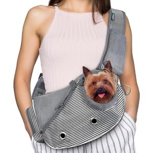 PetAmi Dog Sling Carrier for Small Dogs, Puppy Carrier Sling Purse, Dog Bags For Traveling, Carrying Bag to Wear Medium Cat, Adjustable Crossbody Pet Travel Poop Bag Dispenser, Max 10lbs, Stripe Black