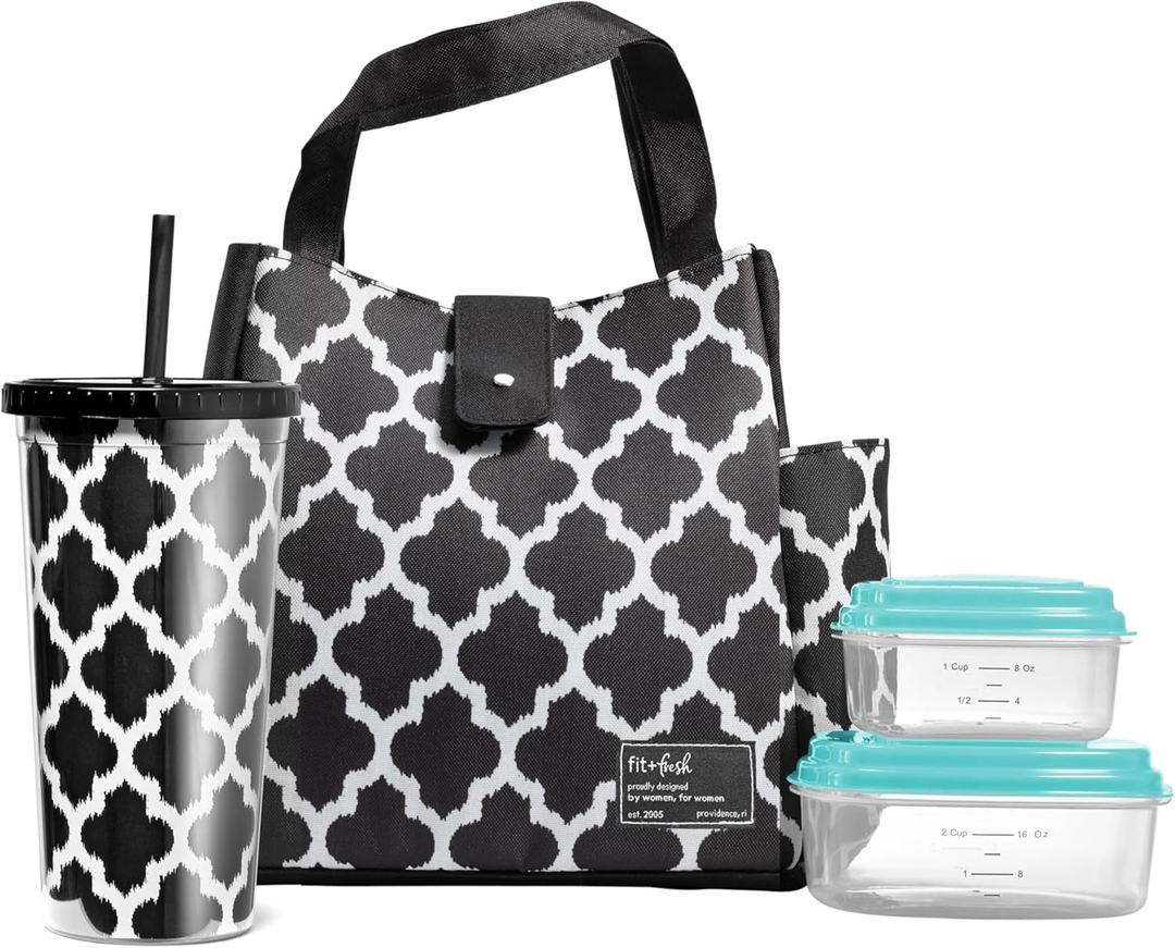 Fit & Fresh Lunch Bag For Women, Insulated Womens Lunch Bag For Work, Leakproof & Stain-Resistant Large Lunch Box For Women With Containers And Matching Tumbler, Snap Closure Westport Bag Black/White