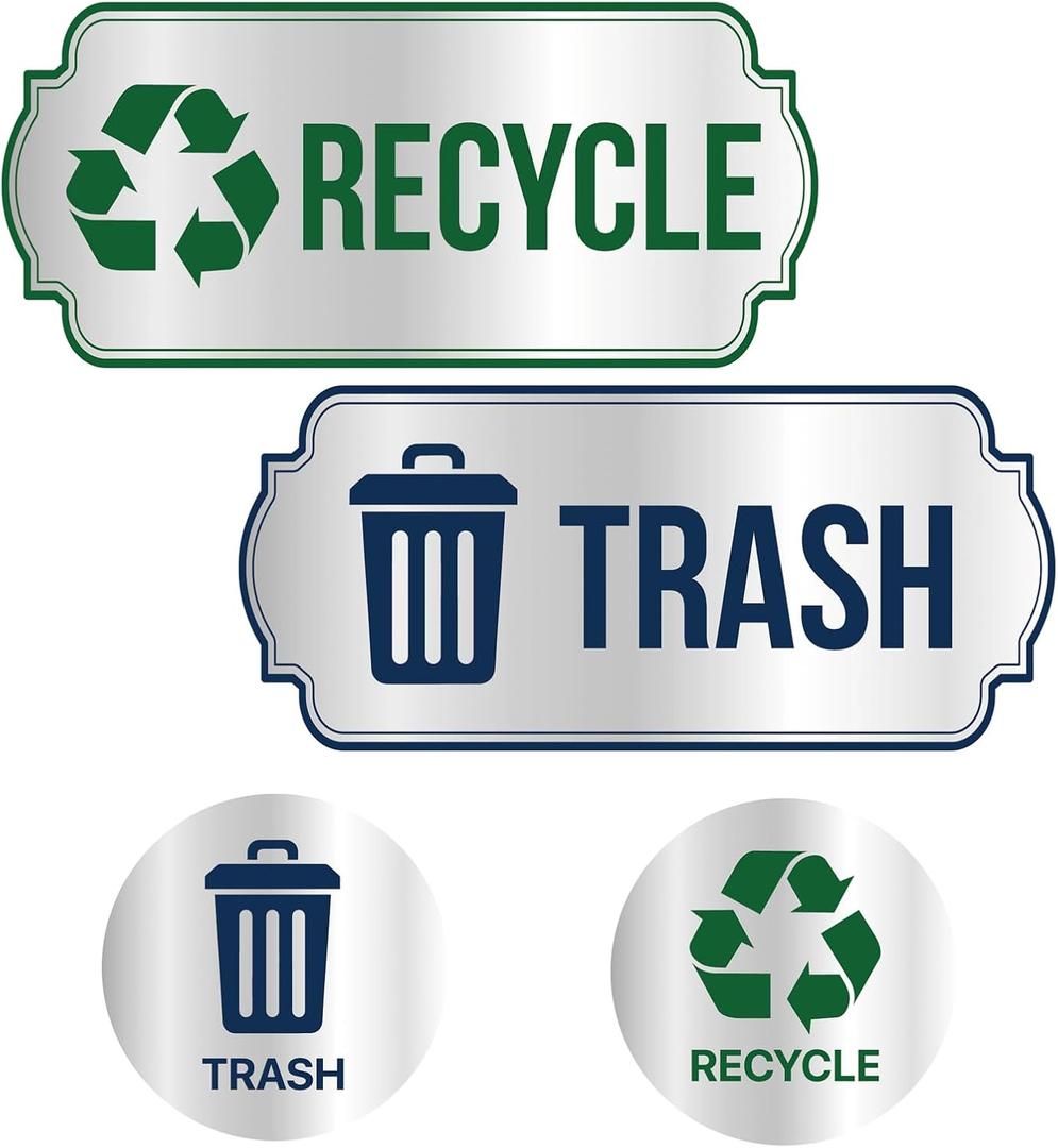 4 x Trash and Recycle Stickers 4-Piece Set - Sorting Sign for Indoor, Outdoor Use - Waterproof Silver Finished Self-Adhesive Labels for Trash Can