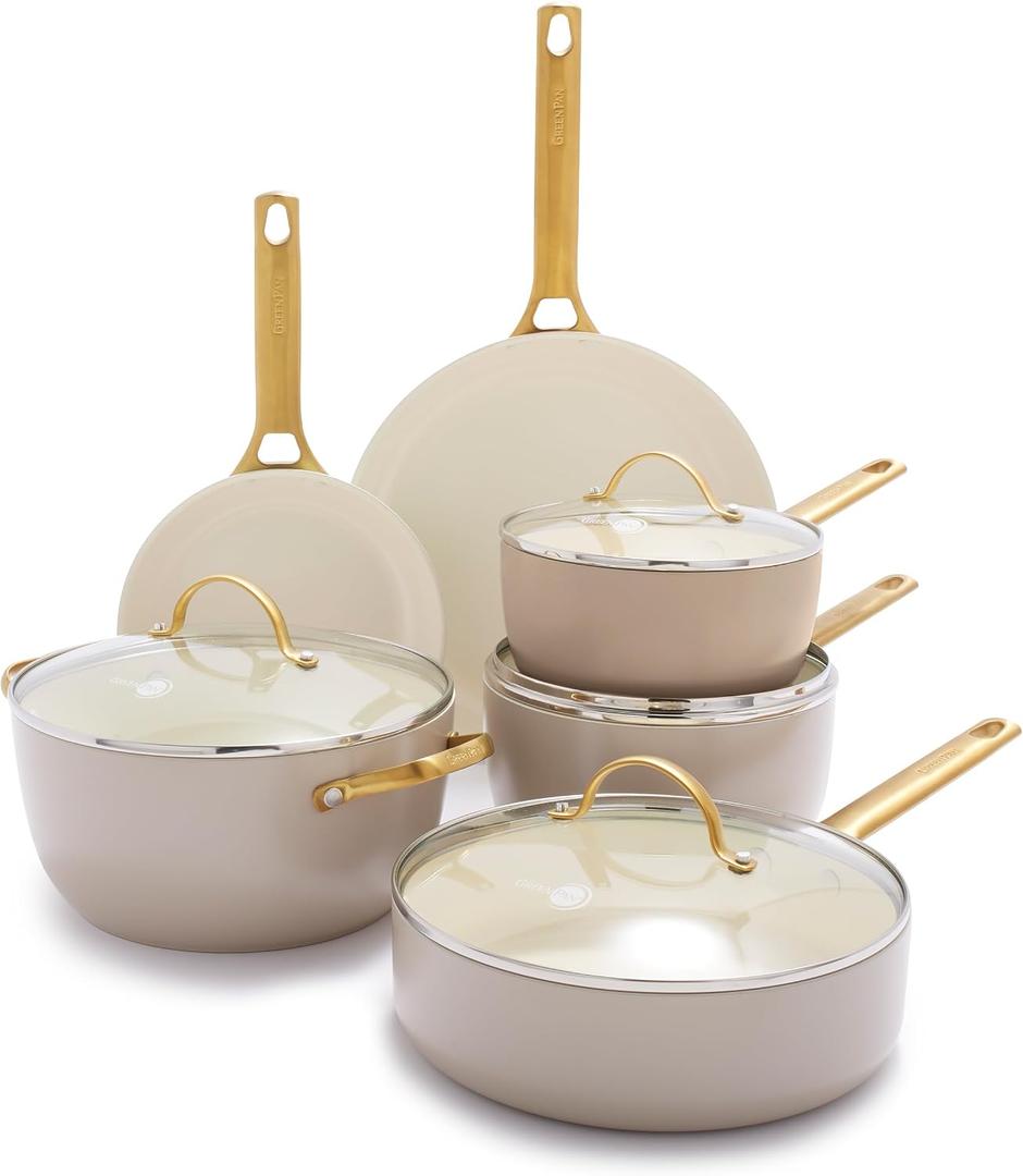 GreenPan 10 Piece Cookware Set, Non-Toxic PFAS-Free Hard Anodized Healthy Ceramic Nonstick, Stainless Steel Gold Handle, Glass Lids, Dishwasher Safe, Oven & Broiler Safe, Taupe Brown