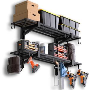 2-Pack Garage Wall Shelving, Heavy Duty Garage Storage Shelving With Hooks, Shelving Wall Mounted Holds 250 lbs Each,Black