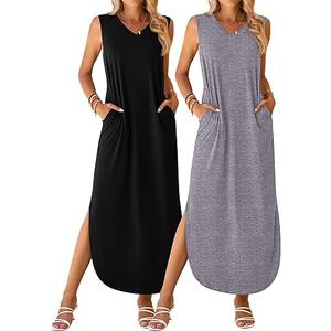 Ficerd 2 Pcs Women's Maxi Dresses Summer Sleeveless Beach Long Dress V Neck Casual Loose Split Sundress with Pockets S