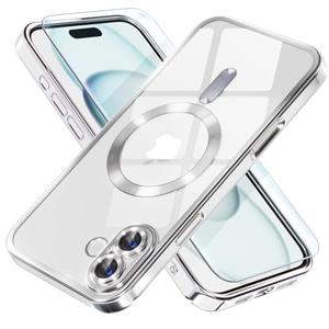 Misea Magnetic for iPhone 16 Plus Case with MagSafe [Never Yellowing] [Military Grade Drop Protection] Full Camera Lens Protector Plating Soft Clear Phone Case for Women Girls 6.7 inch, Silver