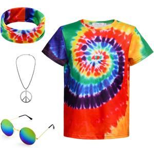 70s Hippie Costume for Kids Colorful Tie Dye Shirt Boys Girls 4Pcs Accessories Set for Halloween Party Cosplay (X-Small)