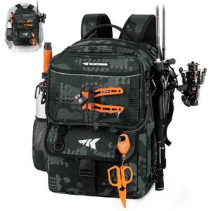 KastKing BaitSpace Fishing Tackle Backpack with Removable Bait Binder,2 Rod Holders, Storage for Fishing Gear and Equipment