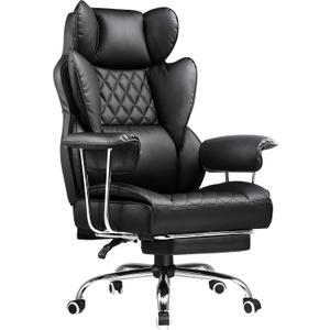 COMHOMA Big and Tall Office Chair, High Back Leather Gaming Chair with Footrest, Executive Ergonomic Office Chair with Pocket Spring Lumbar Support and with Outward Fixed Soft Armrests (Deep Black)