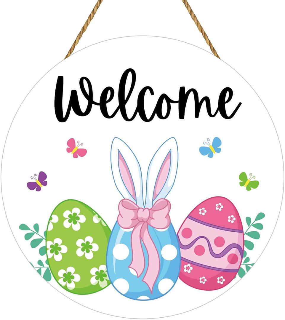 YUNKKIN Easter Wreath Easter Door Decorations Cute Eggs Bunny Ears Hanging Sign Butterfly Wooden Wreaths for Front Door Hanger Welcome Sign for Porch Wall Indoor Home Decor