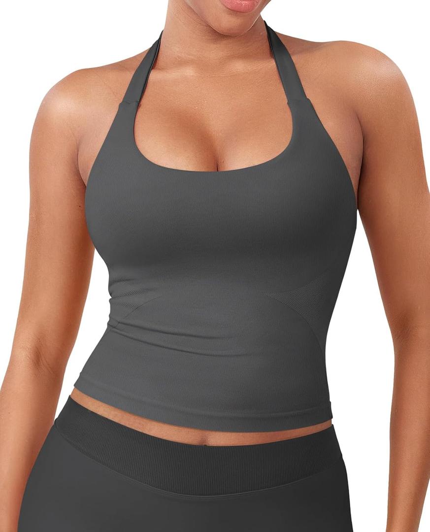 YEOREO SoftHue Women's Impact Halter Tank Top Longline Backless Scoop Neck Built-in Bra Sports Workout Gym Crop Top (Dark Grey), Size Small