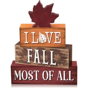 Yousoontic 4 Pcs Fall Maple Leaf Wooden Table Decorations Autumn Rustic Block Signs Centerpiece Tiered Tray Decor Wood Farmhouse Vintage Tabletop Decor Gift for Kitchen Entryway Home Desk